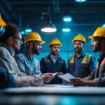 A photograph of a diverse team of workers in a well-lit industrial setting