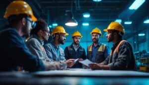 A photograph of a diverse team of workers in a well-lit industrial setting