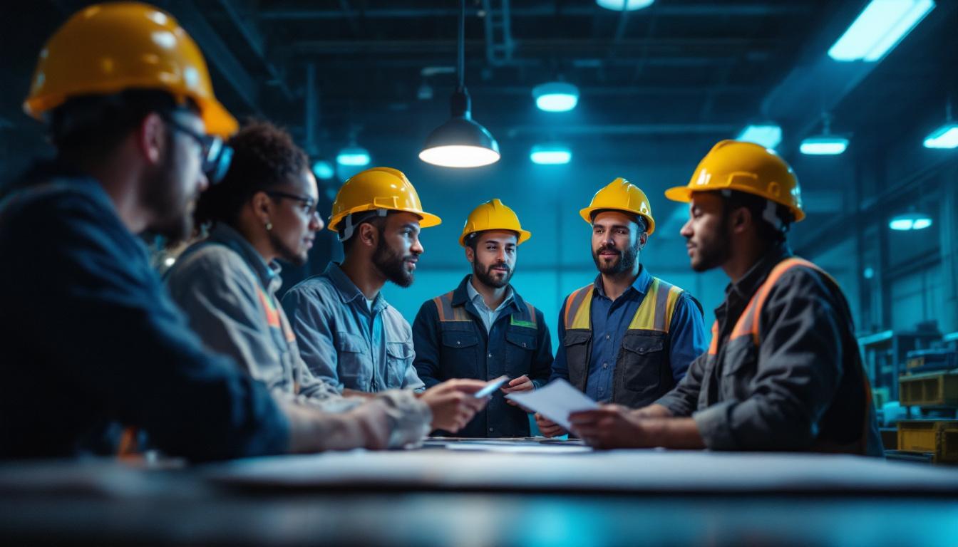 A photograph of a diverse team of workers in a well-lit industrial setting