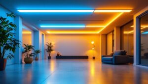 A photograph of a beautifully illuminated room featuring ceiling light strips