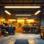 A photograph of a well-lit workshop or garage space showcasing multiple 8-foot led shop lights in action