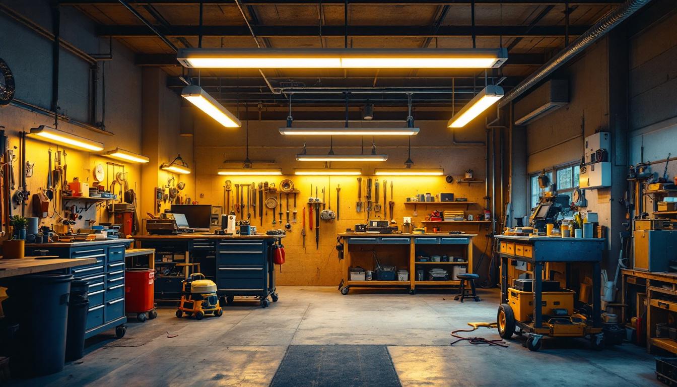 A photograph of a well-lit workshop or garage space showcasing multiple 8-foot led shop lights in action