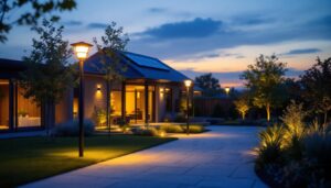 A photograph of a well-lit outdoor space featuring various styles of commercial solar-powered lights in use