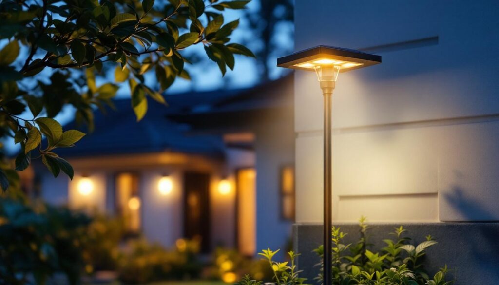 A photograph of a solar lamp post light installed in a residential or commercial setting