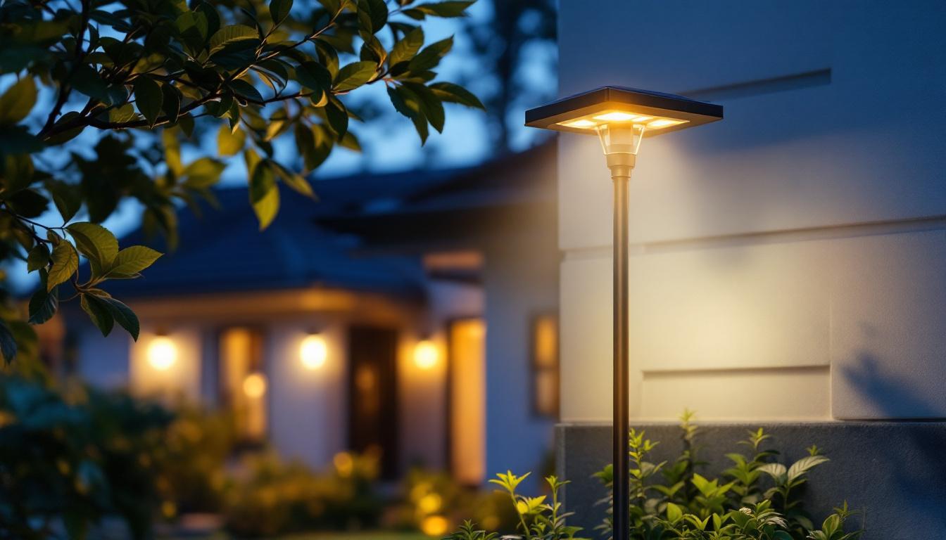 A photograph of a solar lamp post light installed in a residential or commercial setting