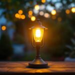 A photograph of a beautifully designed outdoor lamp illuminating a cozy patio or garden setting during twilight