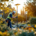 A photograph of a lighting contractor installing a sleek pole solar light in a landscaped outdoor setting