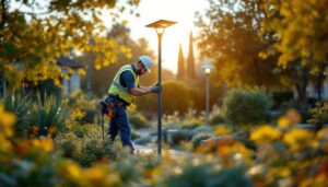 A photograph of a lighting contractor installing a sleek pole solar light in a landscaped outdoor setting