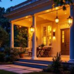 A photograph of a beautifully lit outdoor porch at dusk