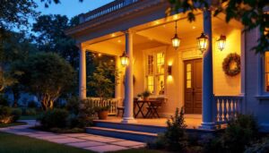 A photograph of a beautifully lit outdoor porch at dusk