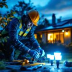 A photograph of a lighting contractor installing solar lights in a residential or commercial outdoor setting