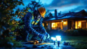 A photograph of a lighting contractor installing solar lights in a residential or commercial outdoor setting