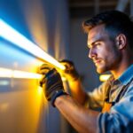 A photograph of a lighting contractor skillfully installing led 4' strip lights in a modern interior setting