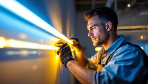 A photograph of a lighting contractor skillfully installing led 4' strip lights in a modern interior setting