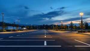 A photograph of a well-lit parking lot at dusk