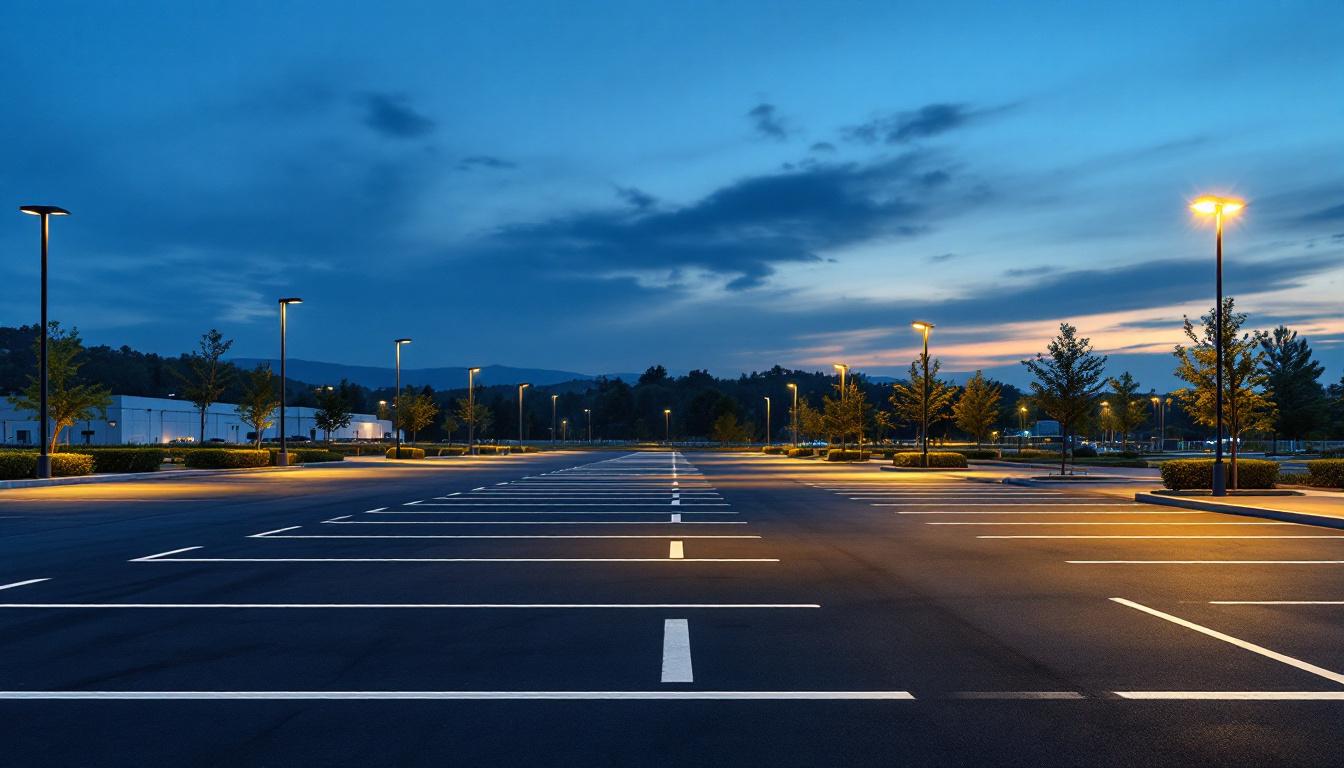 A photograph of a well-lit parking lot at dusk