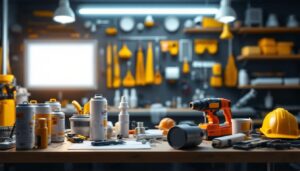 A photograph of a well-organized lighting contractor's workspace featuring an array of led light cans