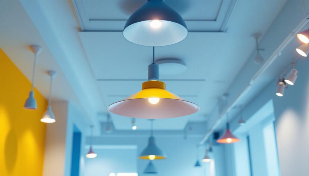 A photograph of a well-lit room featuring various stylish light fixtures installed in a drop ceiling