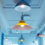 A photograph of a well-lit room featuring various stylish light fixtures installed in a drop ceiling