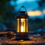 A photograph of a solar rechargeable lantern in use at dusk