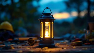 A photograph of a solar rechargeable lantern in use at dusk