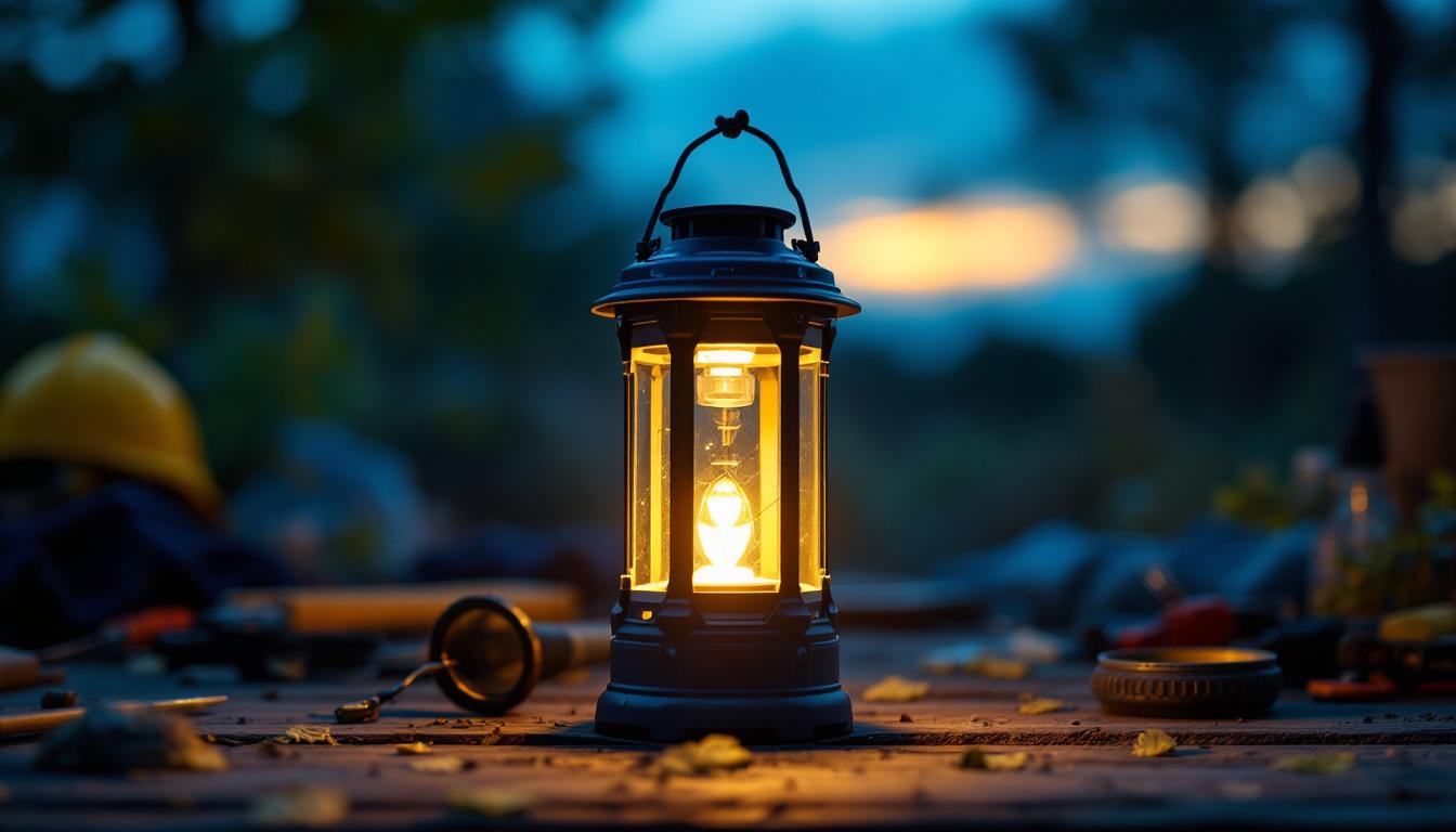 A photograph of a solar rechargeable lantern in use at dusk