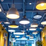 A photograph of a well-designed drop ceiling installation featuring various types of lighting fixtures