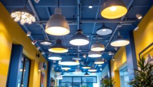 A photograph of a well-designed drop ceiling installation featuring various types of lighting fixtures
