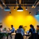 A photograph of a well-designed office space featuring various types of overhead lighting installations