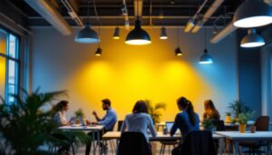 A photograph of a well-designed office space featuring various types of overhead lighting installations