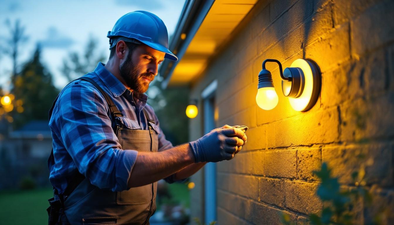 A photograph of a lighting contractor installing solar bulbs in a residential outdoor setting
