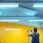 A photograph of capture a photograph of a well-lit commercial space featuring sleek fluorescent drop ceiling light fixtures