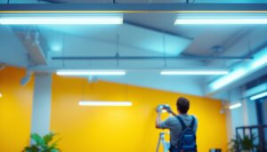A photograph of capture a photograph of a well-lit commercial space featuring sleek fluorescent drop ceiling light fixtures