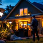 A photograph of a lighting contractor installing solar panel lamps in a residential outdoor setting