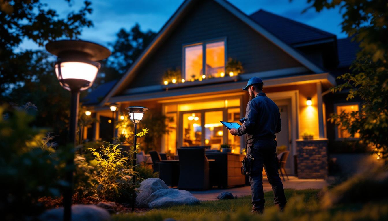 A photograph of a lighting contractor installing solar panel lamps in a residential outdoor setting
