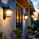 A photograph of a beautifully designed solar-powered front porch light installed on a charming porch