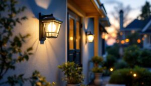 A photograph of a beautifully designed solar-powered front porch light installed on a charming porch