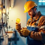 A photograph of a lighting contractor working on a project