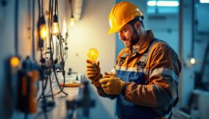A photograph of a lighting contractor working on a project