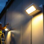 A photograph of a lighting contractor installing wallpack lights on a commercial building