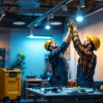A photograph of a lighting contractor expertly installing commercial led track lighting in a modern workspace