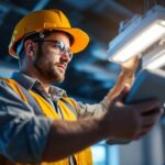 A photograph of a lighting contractor expertly installing a sodium light ballast in a commercial setting