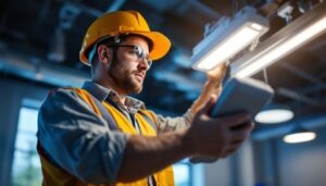 A photograph of a lighting contractor expertly installing a sodium light ballast in a commercial setting