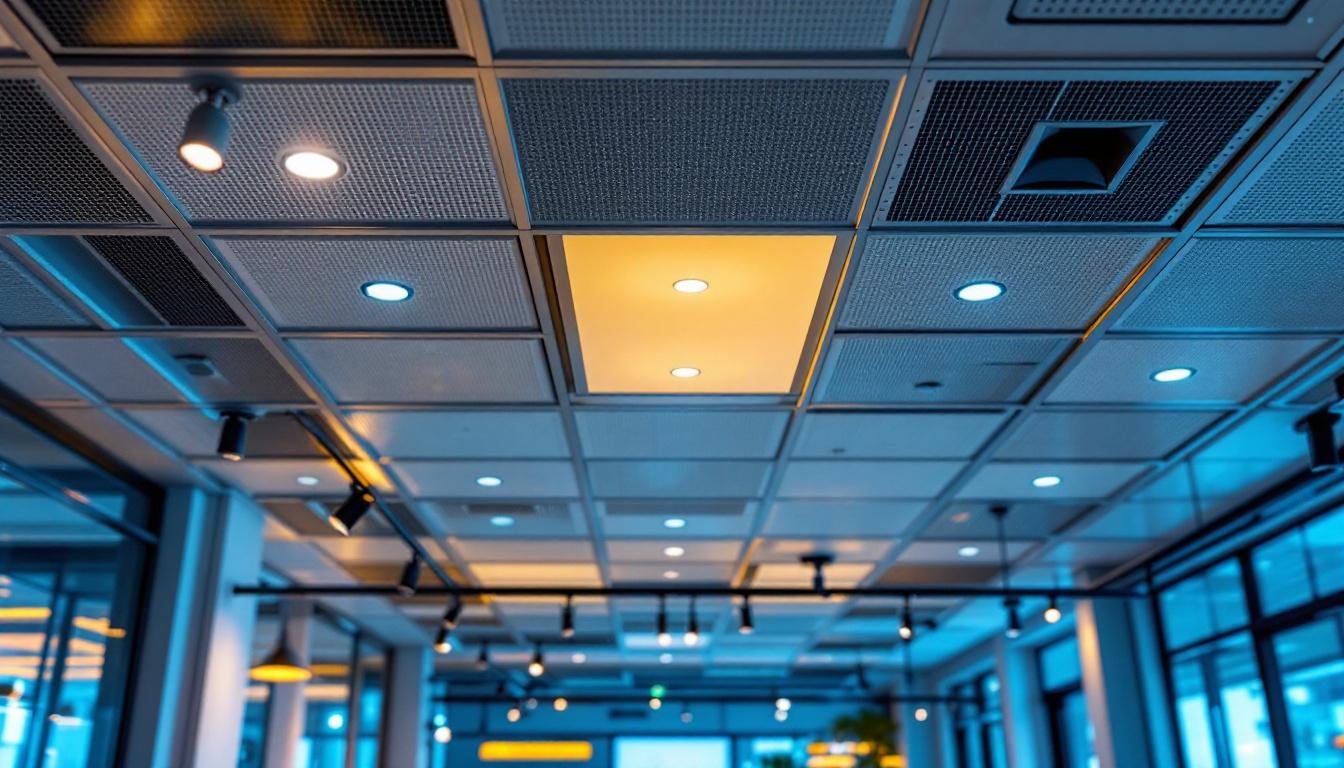 A photograph of a well-lit drop ceiling installation in a commercial space