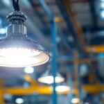 A photograph of a metal halide light fixture installed in an industrial or commercial setting
