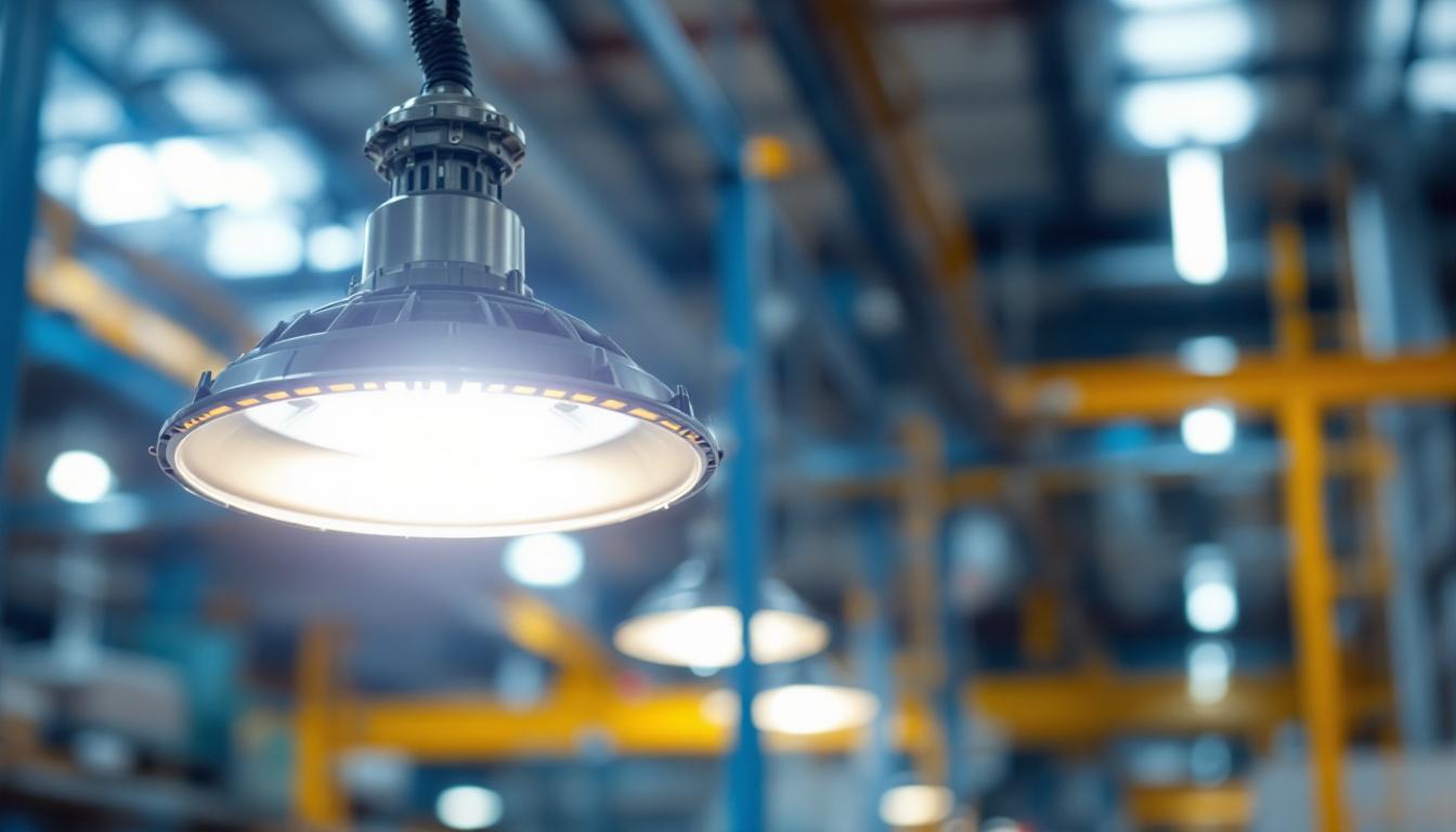 A photograph of a metal halide light fixture installed in an industrial or commercial setting