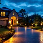 A photograph of a beautifully illuminated solar driveway entrance at dusk