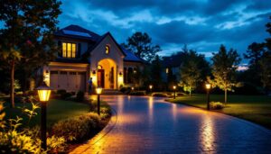 A photograph of a beautifully illuminated solar driveway entrance at dusk