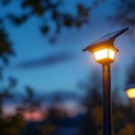 A photograph of a solar lamp with a built-in sensor illuminated in an outdoor setting during twilight