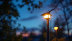 A photograph of a solar lamp with a built-in sensor illuminated in an outdoor setting during twilight
